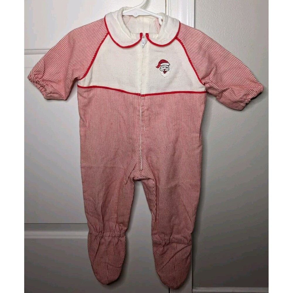 Vintage Red Pinstripe Santa Pajamas 1st Christmas Outfit Zip Up Size 3-6 Months